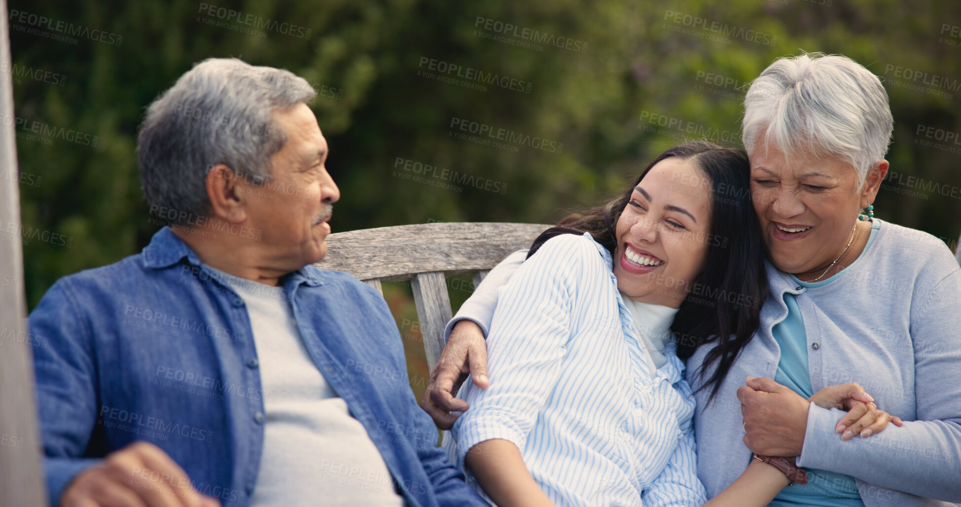 Buy stock photo Senior, parents and woman in garden with hug, support and love in backyard and retirement. Happy family, elderly father and mother embrace daughter on bench in summer, park or bonding on vacation