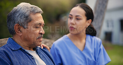 Buy stock photo Woman, nurse and senior patient on park bench in elderly care, support or outdoor trust. Female person, medical caregiver or doctor with mature man in retirement, relax or fresh air in nature outside