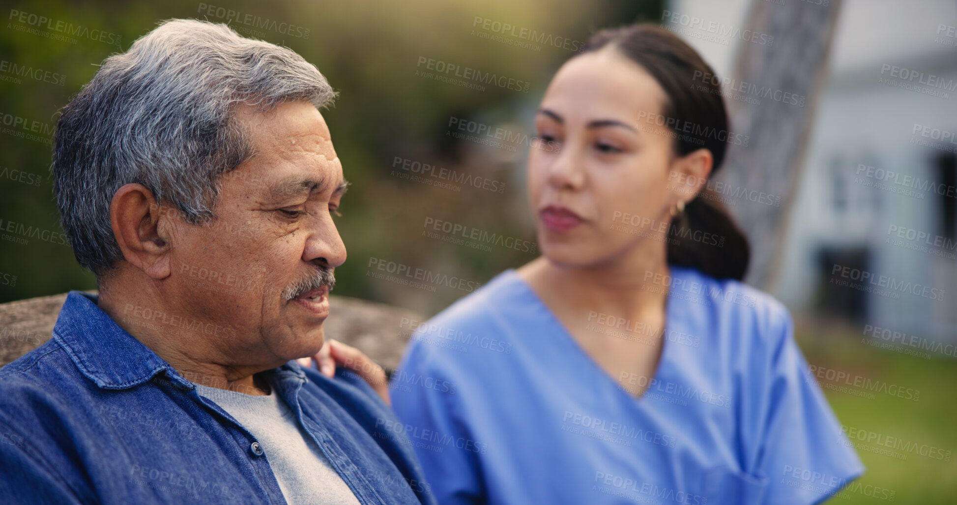 Buy stock photo Woman, nurse and senior patient on park bench in elderly care, support or outdoor trust. Female person, medical caregiver or doctor with mature man in retirement, relax or fresh air in nature outside