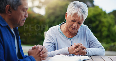 Buy stock photo Old couple and pray at bible for religion faith or god hope or holy spirit praise, study for worship. Senior, people and hands for support reading or help research for belief, christian or education