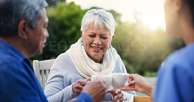 Buy stock photo Nurse, tea or toast people in elderly care, retirement or healthcare support at park or nature. Caregiver, senior man or old woman with coffee, meal or outdoor snack together in health and wellness