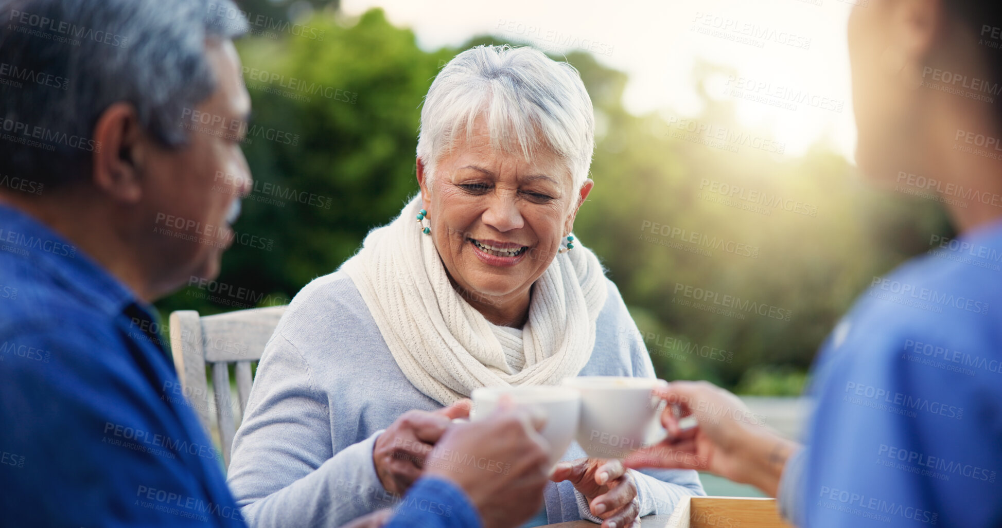 Buy stock photo Nurse, tea or toast people in elderly care, retirement or healthcare support at park or nature. Caregiver, senior man or old woman with coffee, meal or outdoor snack together in health and wellness