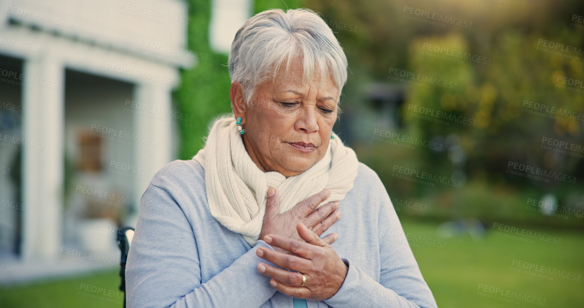 Buy stock photo Heart attack, pain and senior woman in a garden with hands on chest, anxiety or breathing problem. Cardiac arrest, stress and old lady outdoor retirement home with asthma, heartburn or lung disease