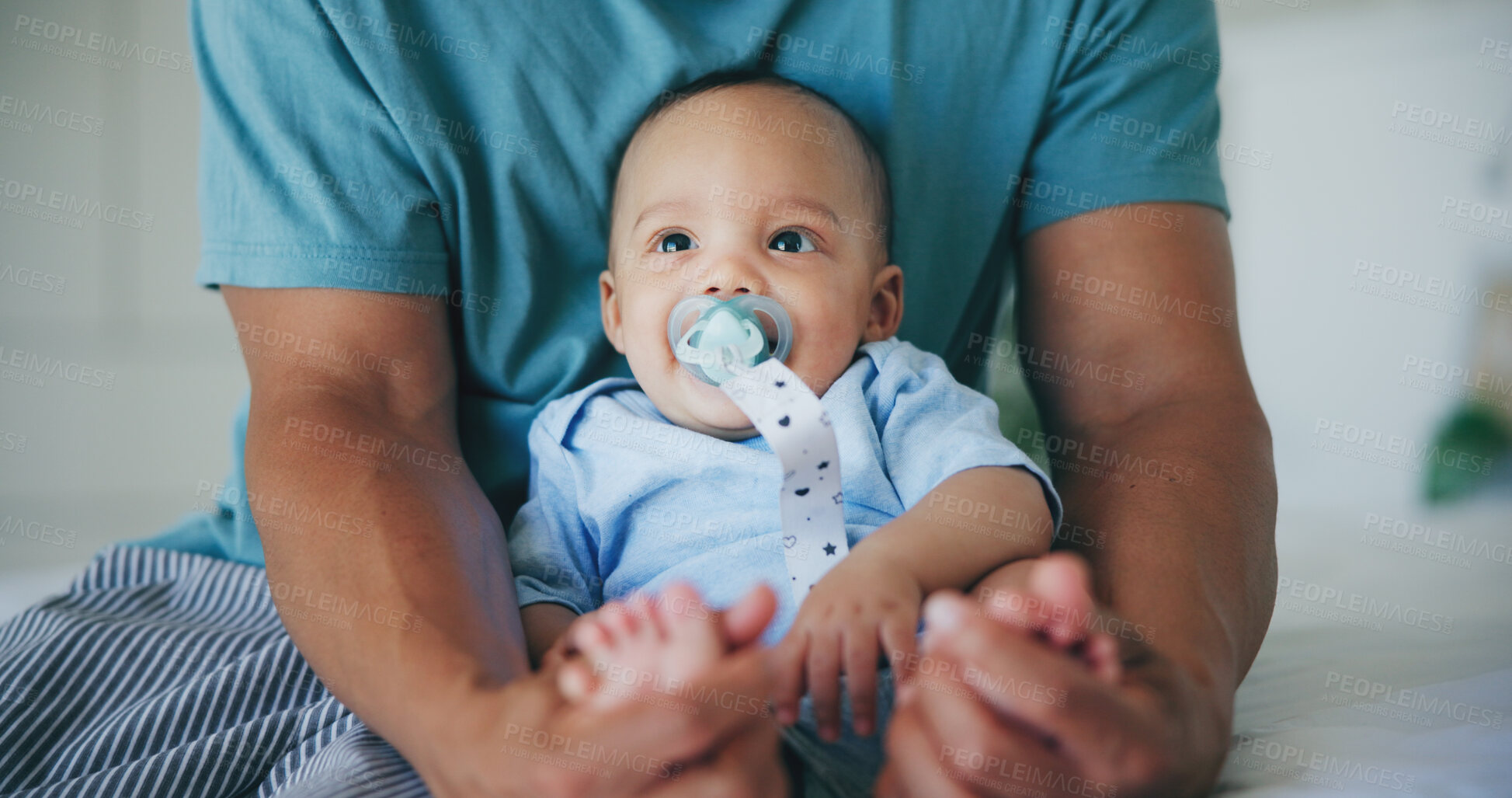 Buy stock photo Family, love and father with baby on a bed for bond, comfort and playing in their home together. Support, care and parent with curious infant son in a bedroom for learning, hug or security in a house