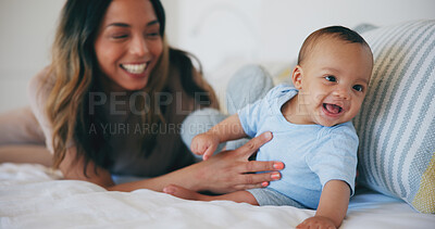 Buy stock photo Family, love and a woman on the bed with her baby in their home together for care or bonding. Children, smile and a happy young mother in the bedroom of an apartment with her adorable infant son