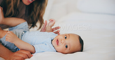 Buy stock photo Hands, love and portrait of baby in bed with mother at home, play and family bonding together. Face of child, mom and closeup of infant in bedroom, security and care of toddler or kid for growth