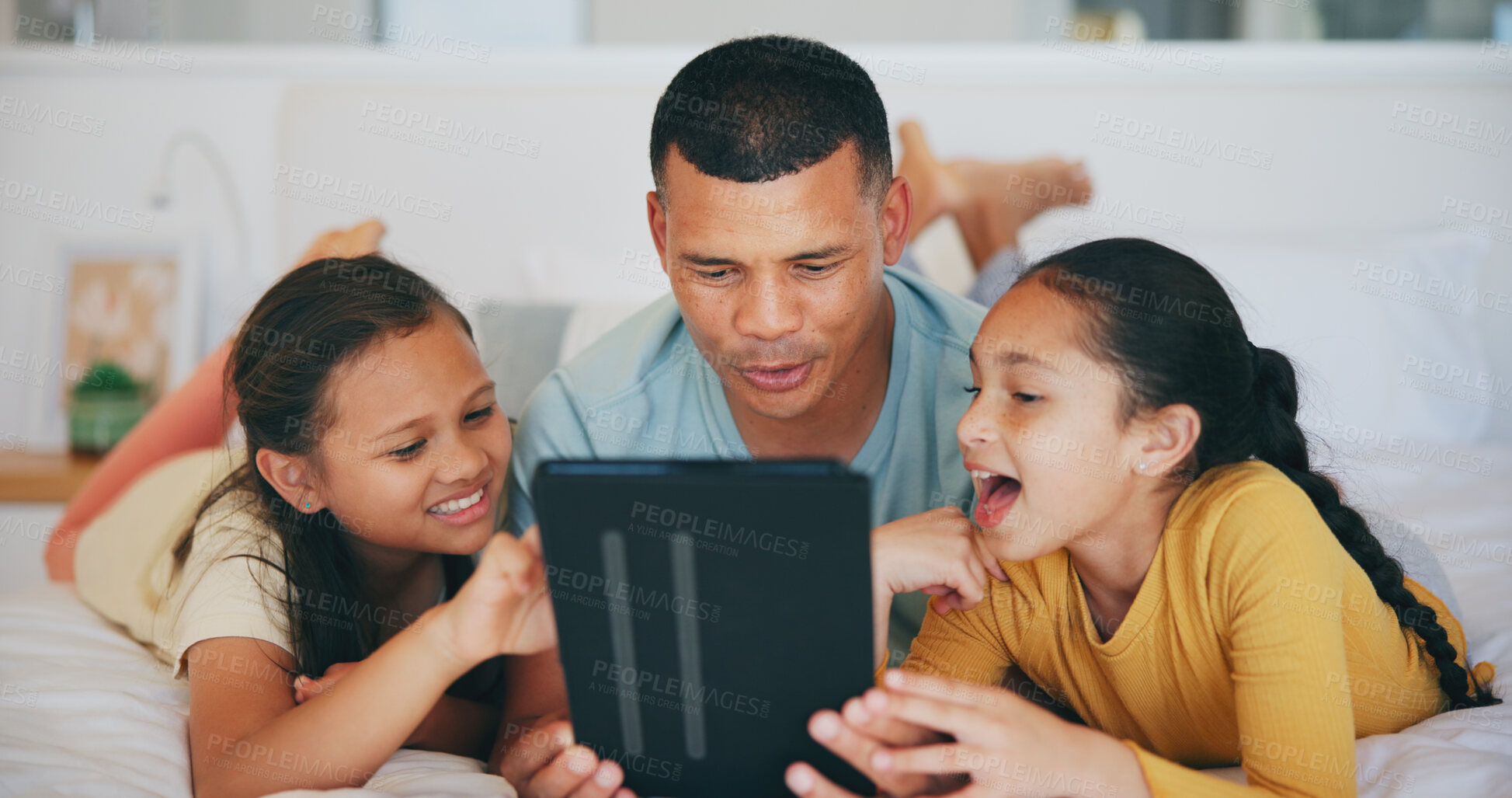 Buy stock photo Happy, tablet and children networking with father in living room and relaxing together at home. Digital technology, bonding and girl kids watching video with young dad in the lounge of modern house.