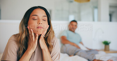 Buy stock photo Frustrated couple, fight and divorce in bed, disagreement or argument from conflict at home. Upset woman and man in cheating affair, toxic relationship or stress for breakup or dispute in bedroom