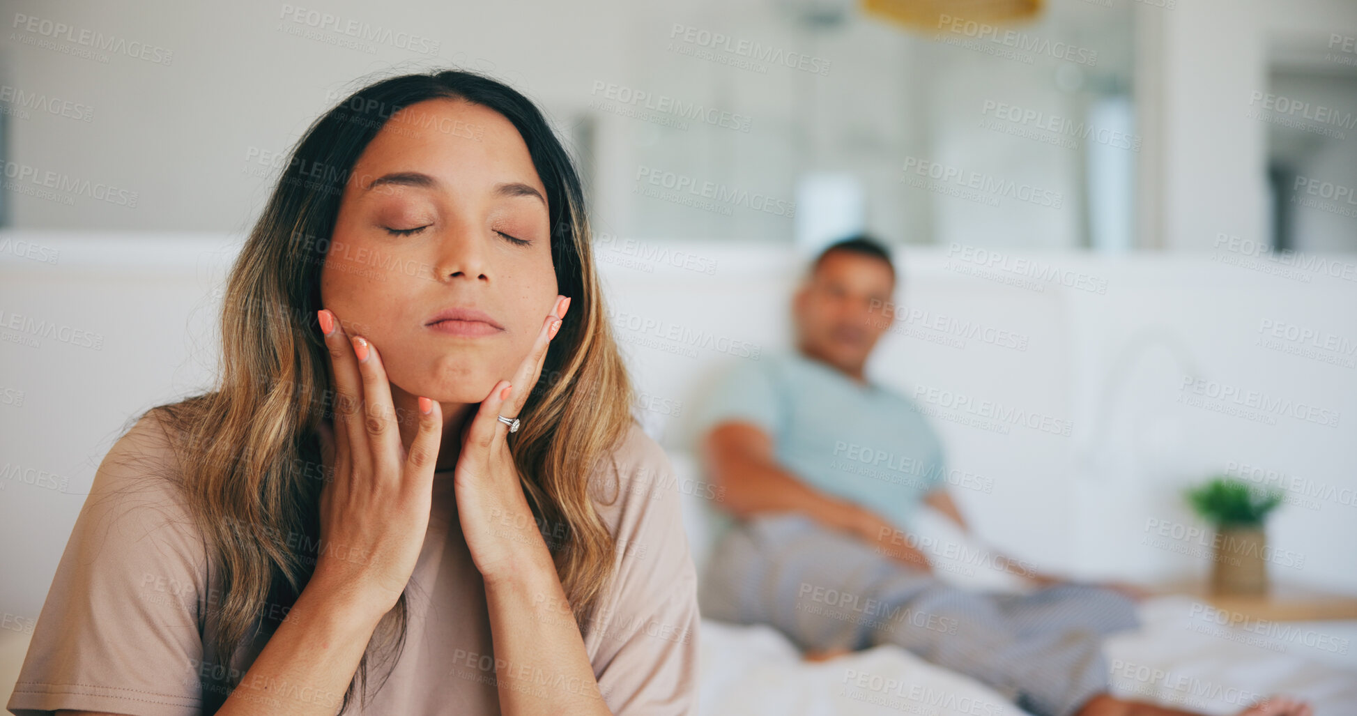 Buy stock photo Frustrated couple, fight and divorce in bed, disagreement or argument from conflict at home. Upset woman and man in cheating affair, toxic relationship or stress for breakup or dispute in bedroom