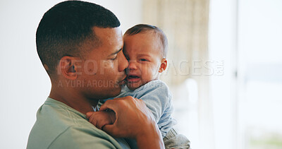 Buy stock photo Hug, comfort and father with crying baby in a nursery with care, security and trust at home together. Love, tears and dad embrace upset newborn with colic, stress or discomfort, console or nurture