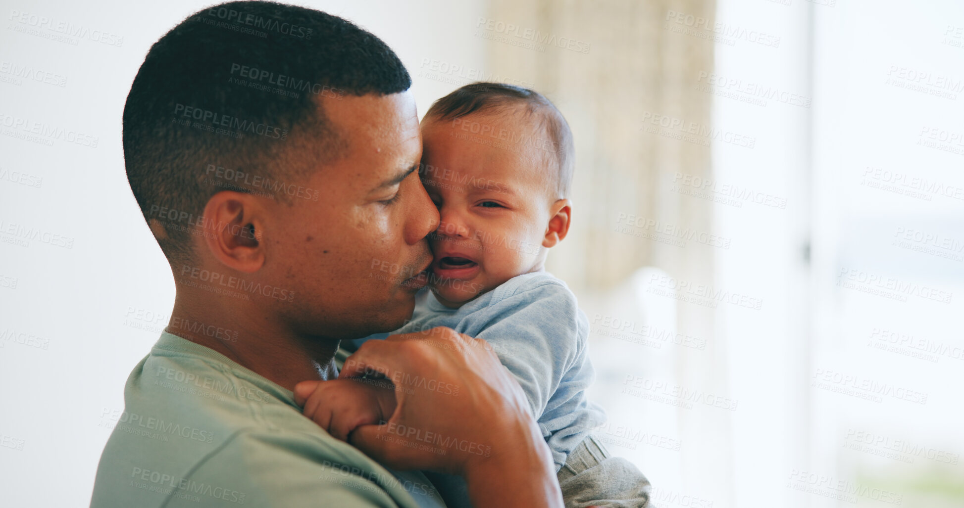 Buy stock photo Hug, comfort and father with crying baby in a nursery with care, security and trust at home together. Love, tears and dad embrace upset newborn with colic, stress or discomfort, console or nurture