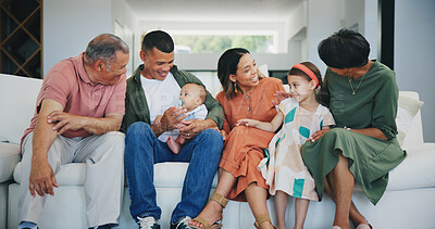 Buy stock photo Happy, smile and big family on sofa in the living room at modern home together in Mexico. Bonding, love and young kids relaxing with parents and grandparents for generations in the lounge at house.