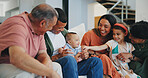 Love, smile and happy big family on sofa in the living room at modern home together. Bonding, care and young kids relaxing with parents and grandparents for generations in the lounge at house.