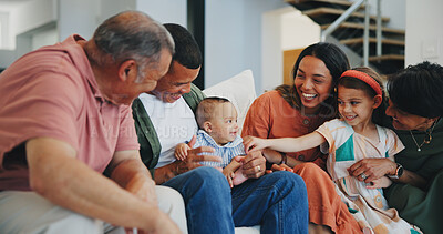 Buy stock photo Love, smile and happy big family on sofa in the living room at modern home together. Bonding, care and young kids relaxing with parents and grandparents for generations in the lounge at house.