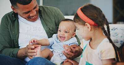 Buy stock photo Family, happiness and laughing on couch, smile and joy or love, bonding and humor or comedy, sofa and fun. Happy parents and children, communication and support at home, silly and goofy or positive