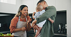 Family, smile and pacifier in kitchen, love and bonding or fun, relax and support or laughing on diet. Happy parents and baby, connect and humor or cooking, nutrition and healthy food or meal at home