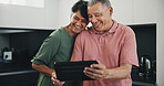 Senior couple, tablet and video call, for social, conversation and in kitchen for lunch. Grandparents, technology and communication with family, man and woman in retirement, happiness and connection
