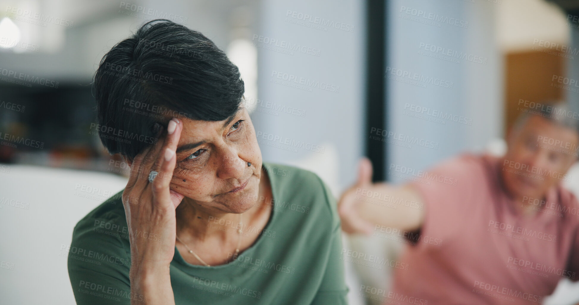 Buy stock photo Senior couple, fight and divorce or headache, drama and disagreement on couch. Elderly people, breakup and argument on debt, toxic marriage and gambling problem or stress, mistake and conflict