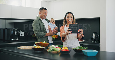 Buy stock photo Family, tablet and selfie in kitchen, smile and internet on technology, cooking and memory. Happy parents and baby, profile picture and mobile app or cooking, digital and online or bonding in home