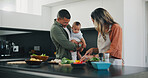Happy, couple and baby cooking vegetables in kitchen for nutrition food, child development or parent connection. Man, woman and boy in home for meal prepare or health wellness, ingredients for dinner