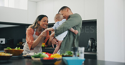 Buy stock photo Family, smile and play or cooking, love and bonding or fun, relax and support or laughing at home. Happy parents and baby, connect and humor or funny, joy and relaxed or silly, goofy and kitchen