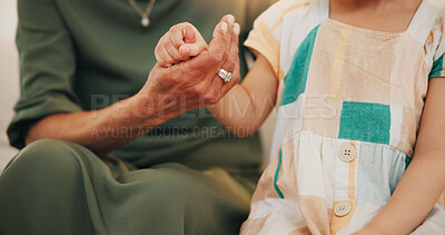 Buy stock photo Child, grandmother and hand closeup as care safety or love together for bonding, protection or relax. Young kid, old woman and fingers or family help connection in retirement, embrace for development