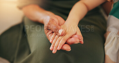 Buy stock photo Child, old woman and holding hands closeup for safety care or together bonding, protection or relax. Young kid, grandparent and fingers or family connection in retirement, embrace for development