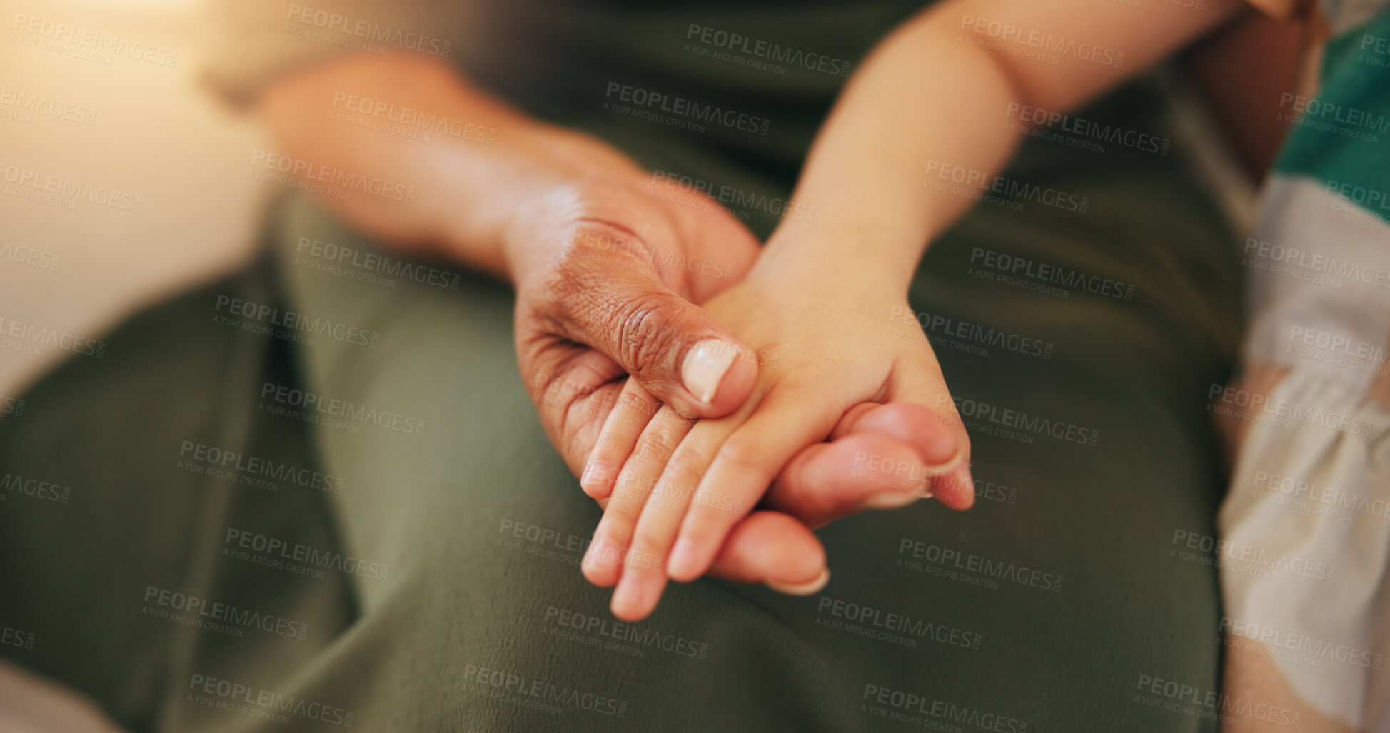 Buy stock photo Child, old woman and holding hands closeup for safety care or together bonding, protection or relax. Young kid, grandparent and fingers or family connection in retirement, embrace for development