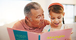 Happy grandfather, child and reading book on sofa for literature, education or bonding together at home. Grandparent with little girl smile for story, learning or relax on living room couch at house