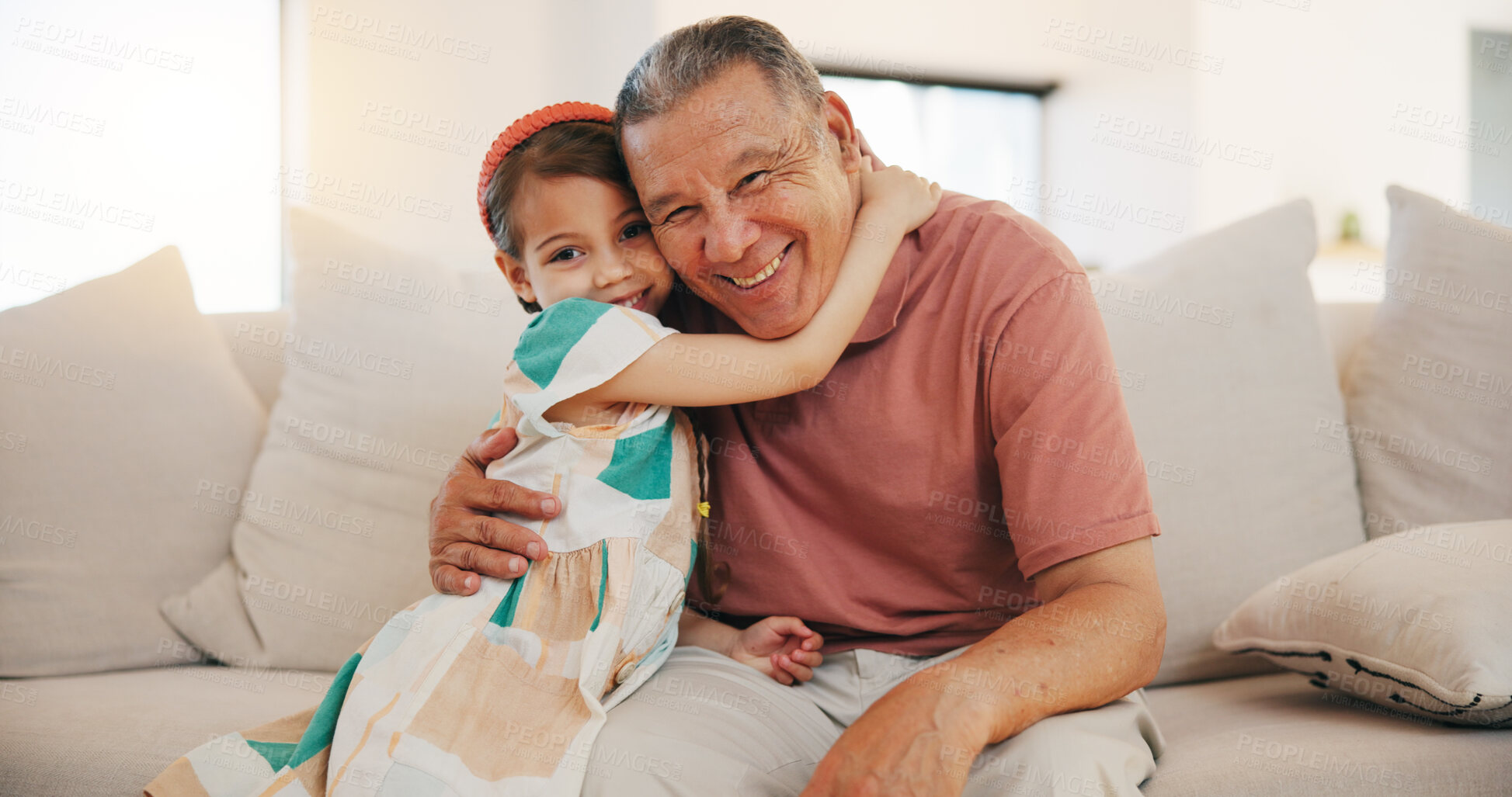 Buy stock photo Home, portrait and hug with grandfather, girl and happiness with weekend break, relax and bonding together. Old man, senior person and child with joy, embrace and support with love, care and kid