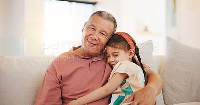 Buy stock photo Apartment, portrait and hug with grandfather, girl and happiness with weekend break, relax and bonding together. Old man, senior person and child with joy, embrace and support with love, home and kid