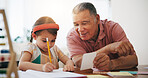 Child, senior man and education or writing, book and learning at home, drawing and support or paper. Girl, grandfather and notebook or tutoring, assessment and smile for language or math homework