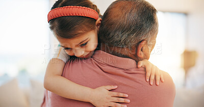 Buy stock photo Home, happiness and hug with grandfather, girl and support with weekend break, relax and bonding together. Old man, senior person and child with joy, embrace and trust with love, care and kid