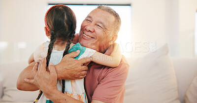 Buy stock photo Grandfather, child and hug on sofa in living room for love, care or bond with lens flare. Elderly man, happiness and smile for little girl for moment, memories and support while babysitting at home