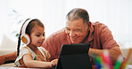 Tablet, senior man and child, education and elearning at home, remote and home schooling on technology. Grandfather, girl and app or website, search and streaming or fun, play and internet or happy 