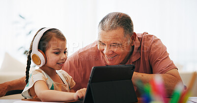 Buy stock photo Tablet, senior man and child, education and elearning at home, remote and home schooling on technology. Grandfather, girl and app or website, search and streaming or fun, play and internet or happy 