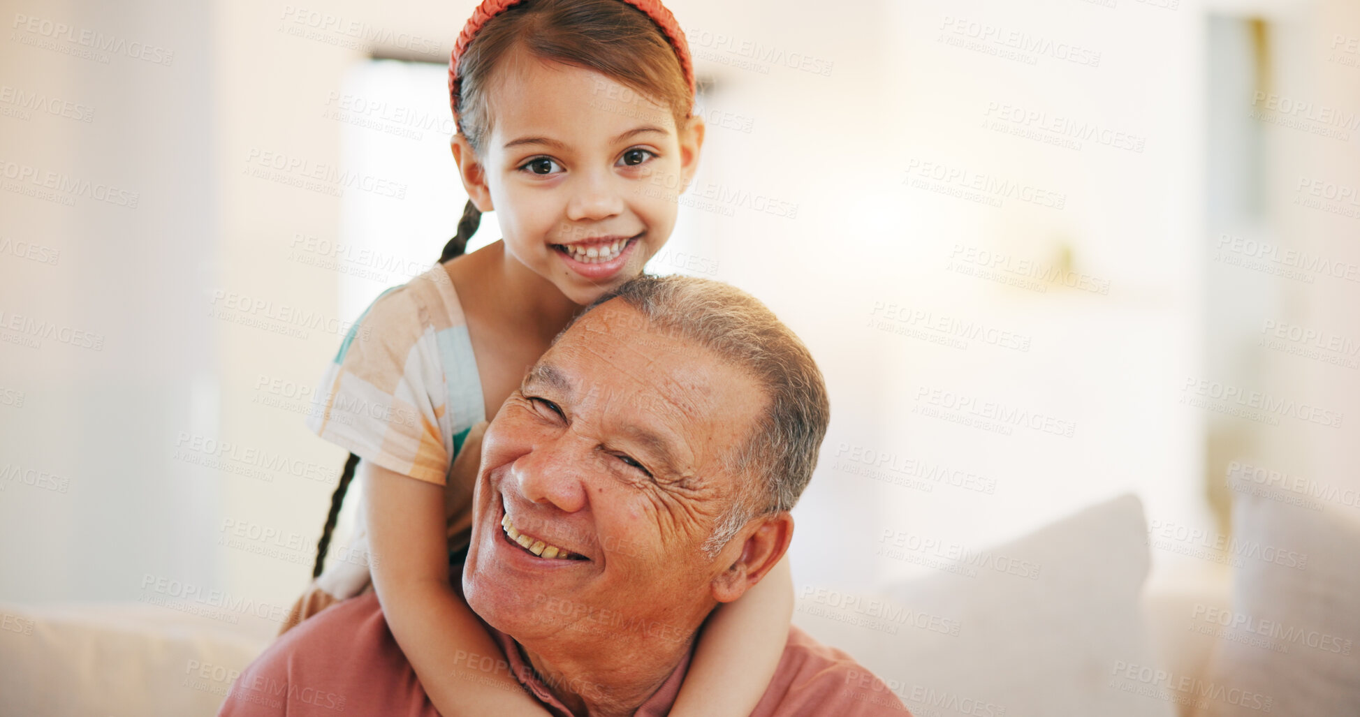 Buy stock photo Home, portrait and hug with grandfather, girl and embrace with weekend break, relax and bonding together. Old man, senior person and child with joy, happiness and support with love, care and face