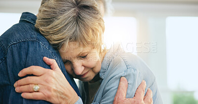 Buy stock photo Senior couple, hug or support in home for love, loyalty or bonding together in retirement in marriage commitment. Mature man, woman or embrace for gratitude, wellness or comfort peace in family house