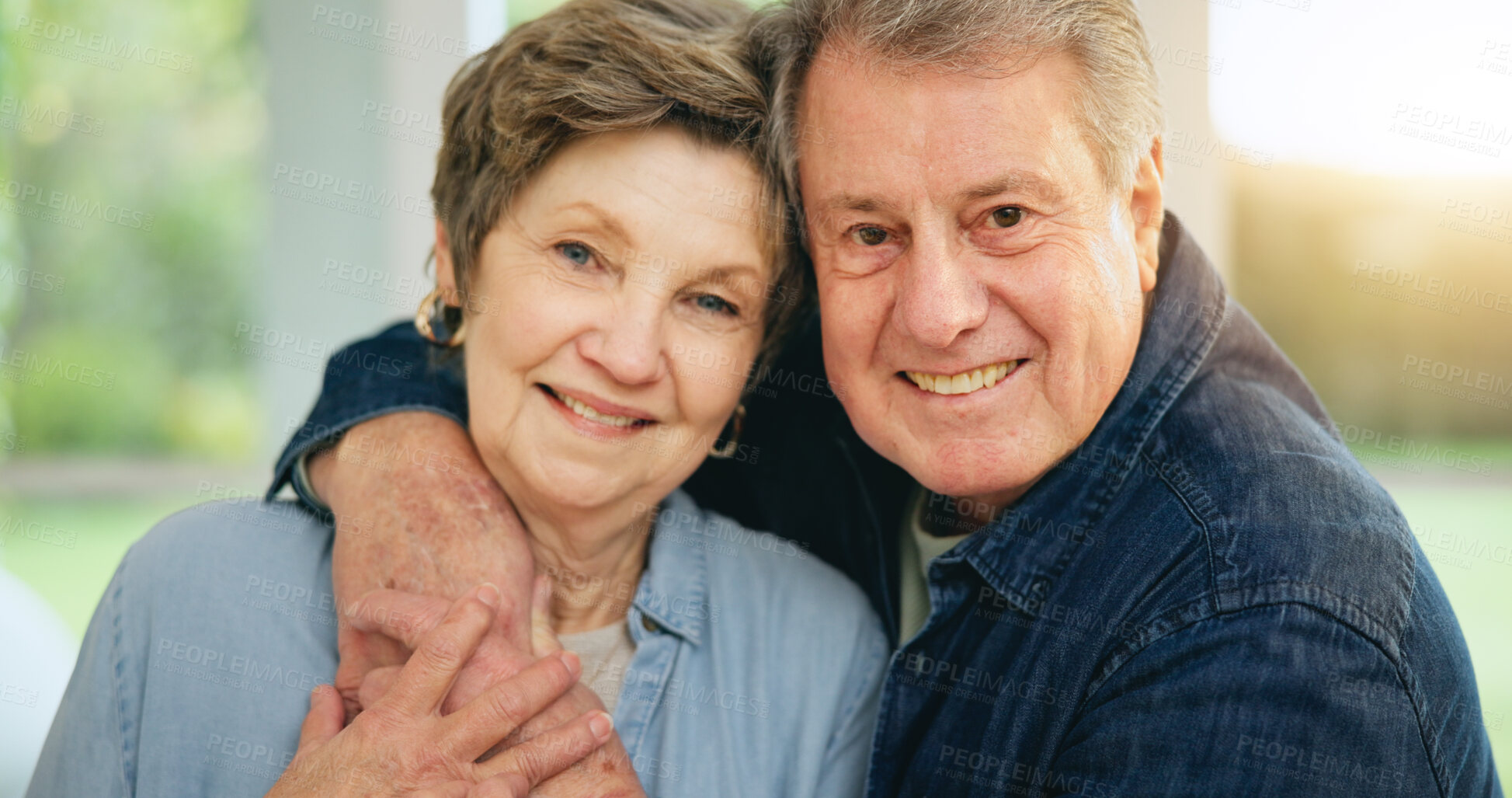 Buy stock photo Senior couple, happy or portrait in home with loyalty, commitment or retirement together as family. Mature man, woman or marriage pride for gratitude on face, embrace or trust or wellness in house