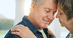 Love, mature couple and forehead touch, affection and slow dancing wife, husband or marriage partner support. Romantic wellness, retirement and face of relax man, woman and people hugging together