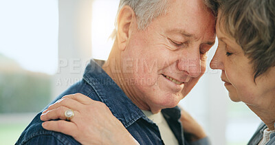 Buy stock photo Love, mature couple and forehead touch, affection and slow dancing wife, husband or marriage partner support. Romantic wellness, retirement and face of relax man, woman and people hugging together