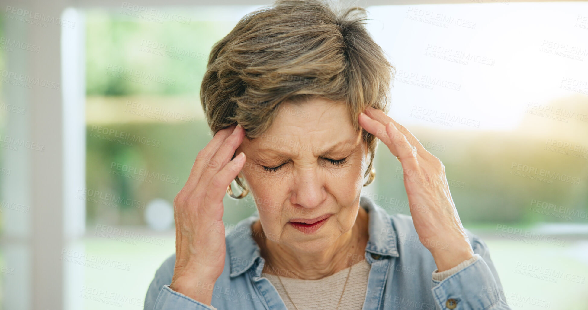 Buy stock photo Stress, headache or old woman in home with burnout, worry or fatigue in retirement frustrated by debt. Exhausted person, anxiety or tired elderly lady with problem, crisis or head pain with migraine