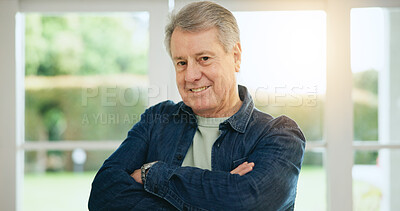 Buy stock photo Senior man, portrait and arms crossed in home for confident, pride in retirement with wellness. Mature person,  happy and face of gratitude for trust, positive and satisfaction for relax in apartment