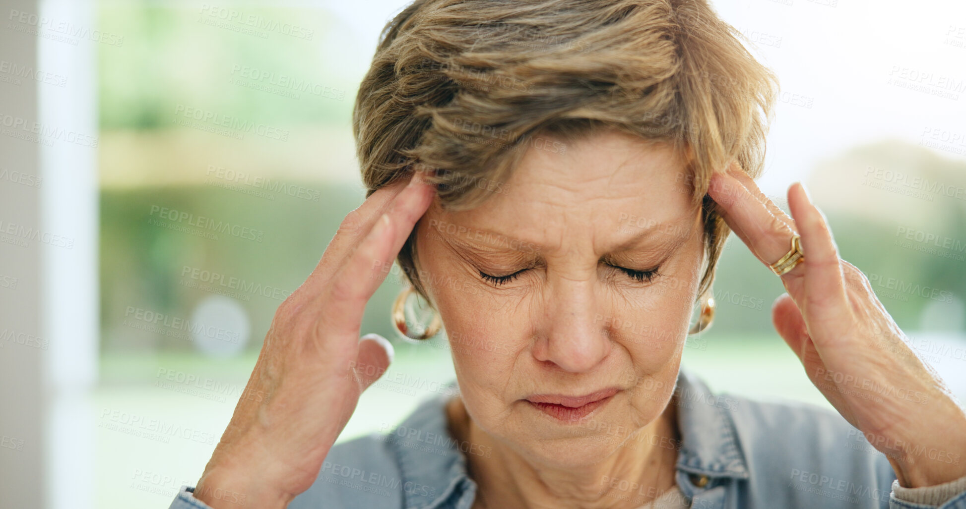 Buy stock photo Frustrated senior woman, headache and mistake in stress, burnout or anxiety and depression at home. Closeup of mature female person with migraine, pain or sore head in mental health or fail at house