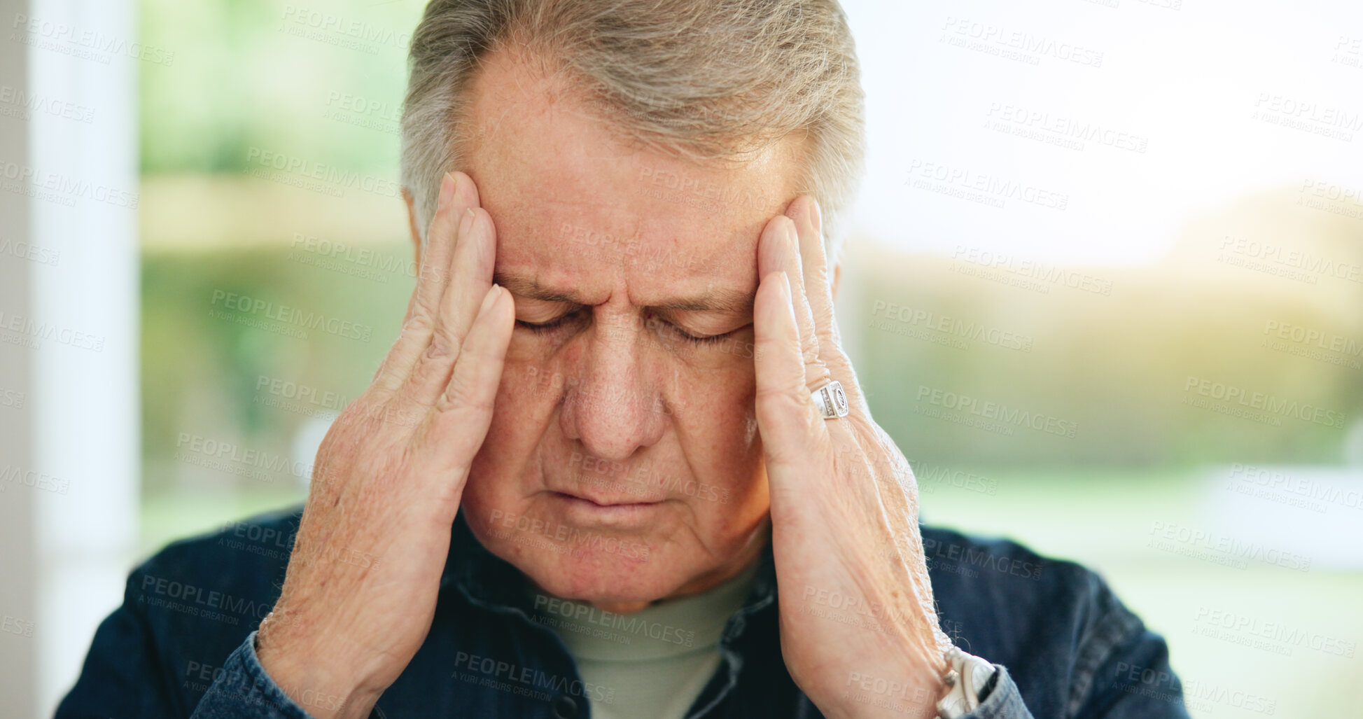 Buy stock photo Stress, headache or old man in home with burnout, worry or fatigue in retirement frustrated by debt. Depression anxiety, face or tired elderly person with problem, crisis or head pain with migraine