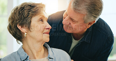 Buy stock photo Love, senior or happy couple talking in home living room bonding or speaking in marriage commitment. Romance, eye contact or mature woman in a conversation with a man to relax on holiday vacation