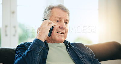 Buy stock photo Home, phone call and senior man with conversation, network and speaking with discussion. Apartment, elderly person and pensioner with a smartphone, relax and communication with digital app and idea