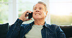 Senior man, happy or phone call in home talking or speaking in living room for communication. Smile, mobile or elderly male person in conversation to relax on lounge couch or sofa in house alone