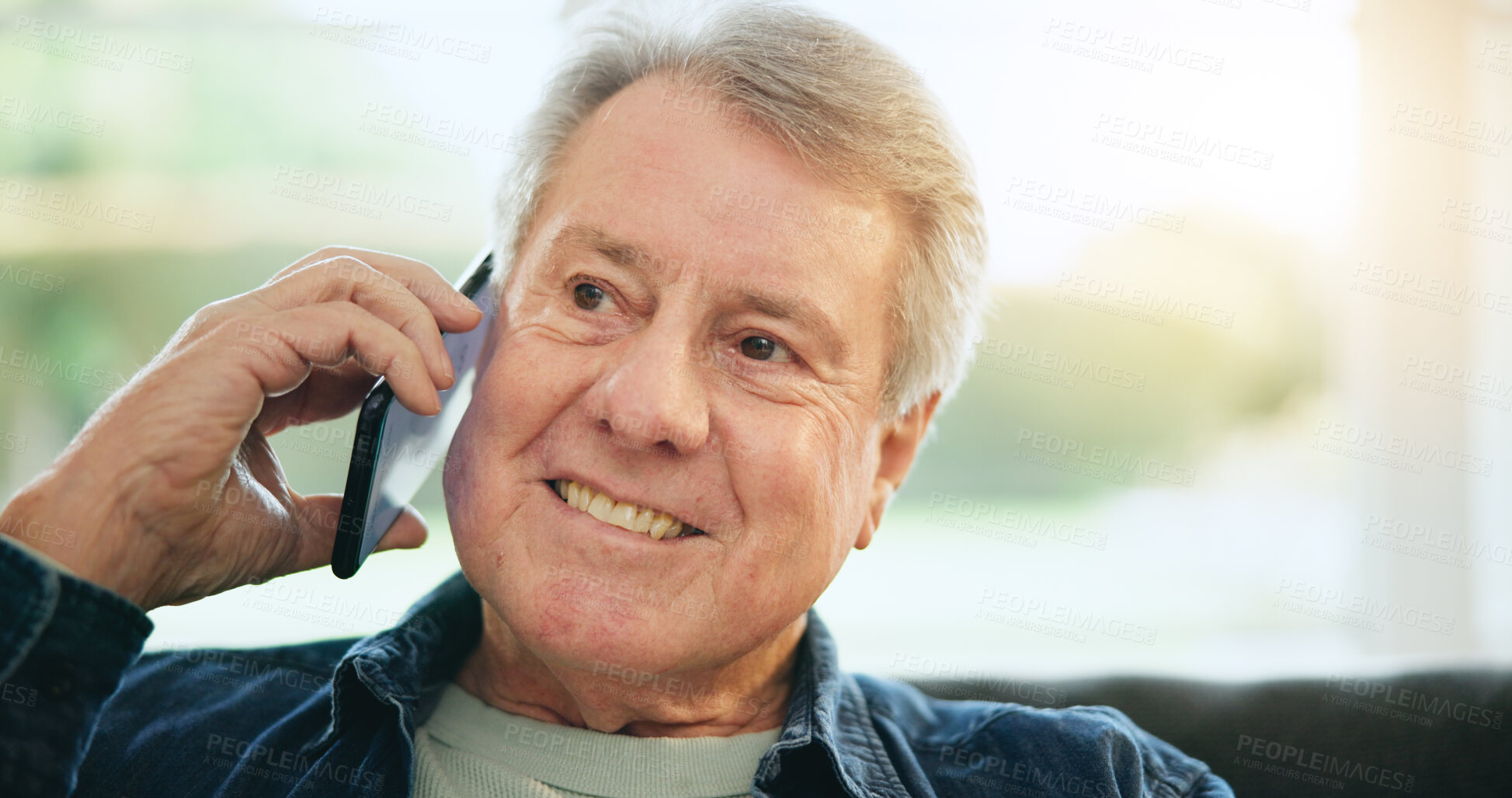 Buy stock photo Home, phone call and senior man with conversation, network and digital app with discussion. Apartment, elderly person and pensioner with a smartphone, relax and communication with idea and speaking