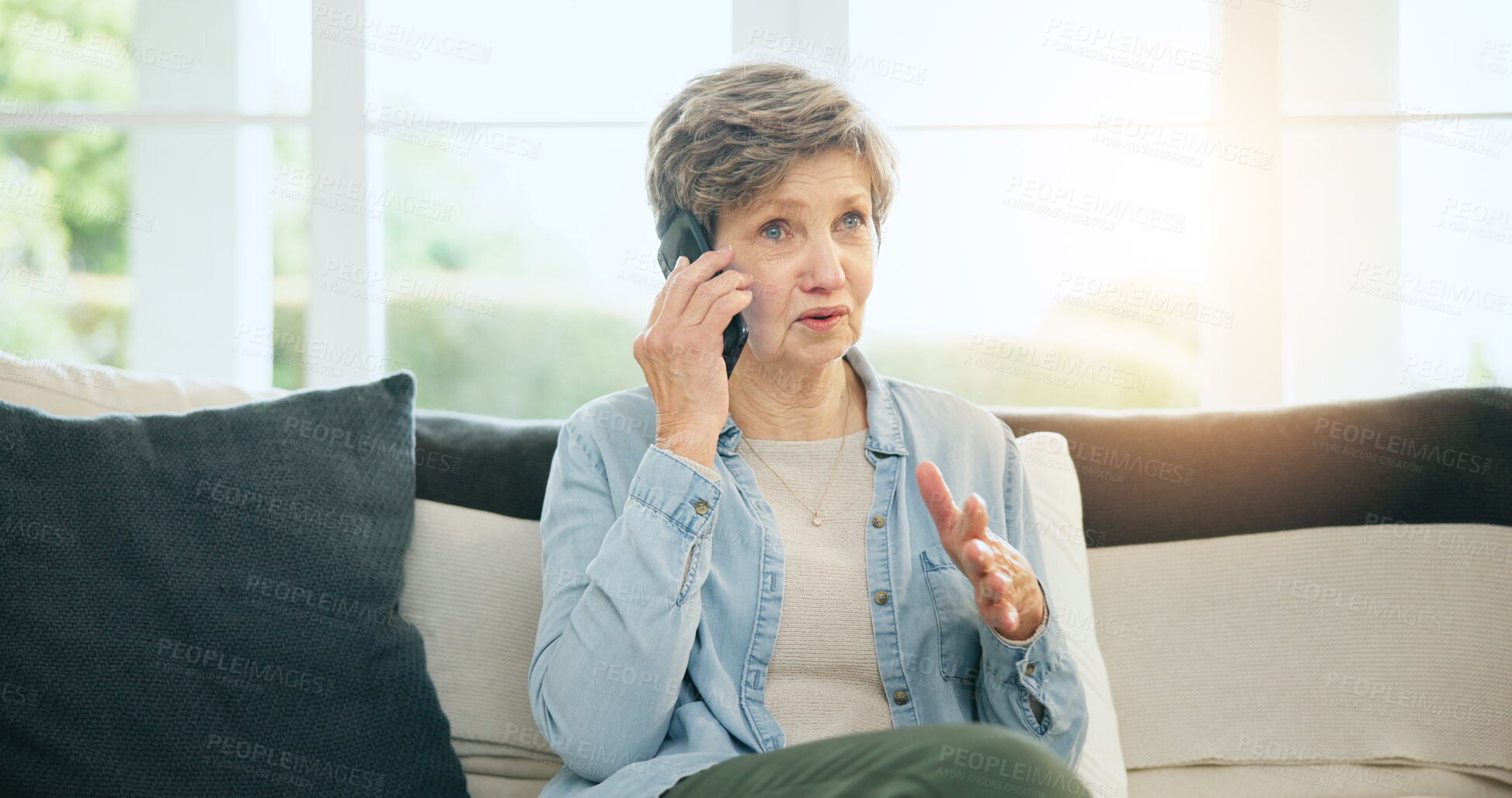 Buy stock photo Senior, woman and phone call talking on sofa for communication, gossip or cell information. Old person, mobile device and speaking or technology network or connection, secret discussion or relax chat